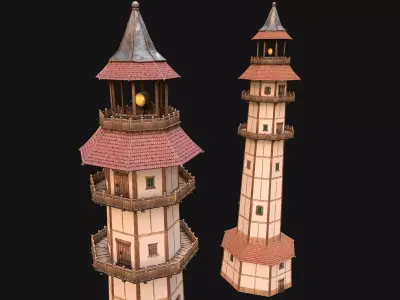 Medieval Lighthouse Tower with Interior Low-poly 3D model