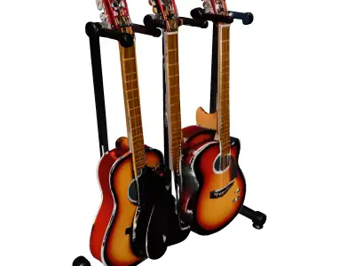 Acoustic Guitar Stand with Four Guitars Low-poly 3D model