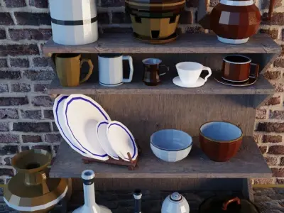 Stoneware dishes and pots on shelf Low-poly 3D model