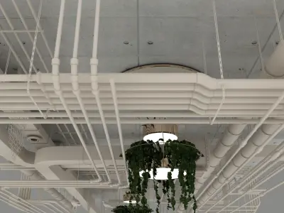 Pipes industrial ceiling with plants chandelier 3D model