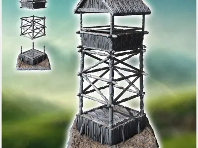 Medieval wooden post on platform with guard post at height 38 -  3D print model