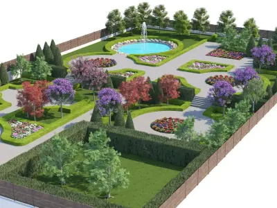 Classical Formal Garden Landscape with Fountain 3D Scene Low-poly 3D model