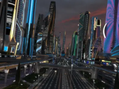  Future City. Night. Main Street 