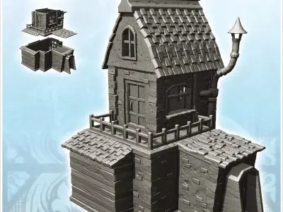 Medieval house with entrance under porch two-storey terrace and  3D print model