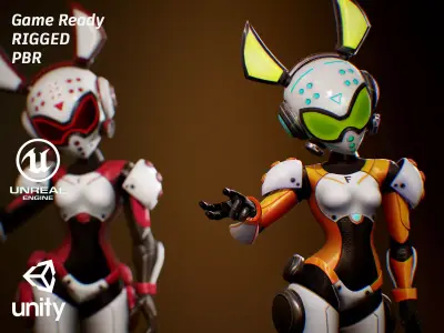 Stylized Sci-Fi Bunny Girl 2 Game Ready Female Character 3 Skins Low-poly 3D model