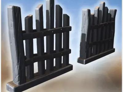 Two wooden fences with vertical bars and uneven tops supported b 3D print model