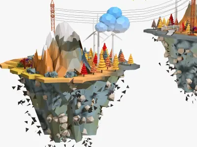 Floating Industrial Islands Low Poly 3D model