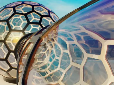 3 glass hexagon sci fi spherical domes with walkway 3D model