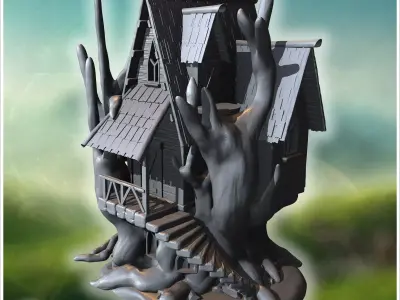 Gothic house elevated on twisted roots with steep rooflines and  3D print model
