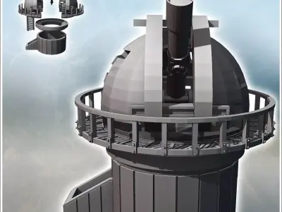 Damaged modern observatory with large telescope and circular bal 3D print model