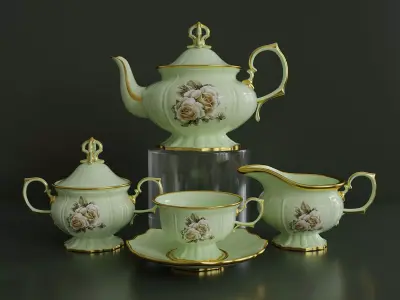 Antique porcelain tea set with flowers 3D model