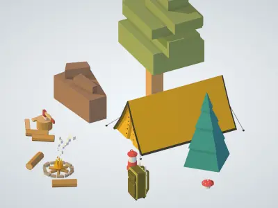 isometric objects tourism cooking BBQ tent fire ax Low-poly 3D model