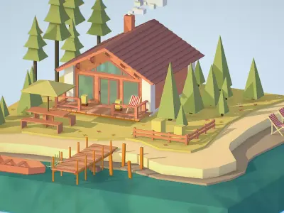 isometric old hunting lodge on the river Low-poly 3D model