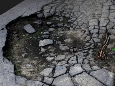road destroyed asphalt cracked debris PBR photogrammetry 3D model