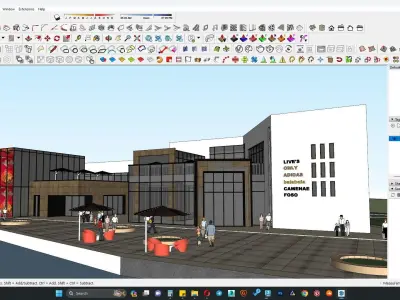 Highrise apartment building along outdoor sitting area 3D model