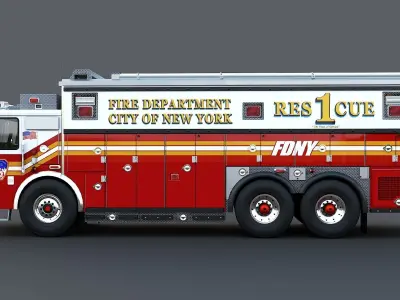 Fire Truck FDNY Rescue 1 with Interior Low-poly 3D model