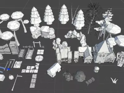 LowPoly Village wagon in grassy field Low-poly 3D model