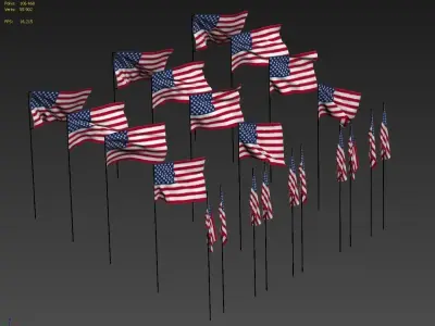 USA flags in the wind 3D model