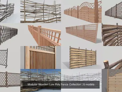 Modular Wooden Low Poly Fence Collection 3D Model Pack