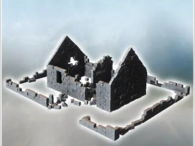 Stone house ruin with a central load-bearing wall and stone encl 3D print model