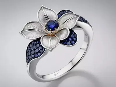 Floral Sapphire Ring 3D Pave Blue Stones White Gold Petals Low-poly 3D model