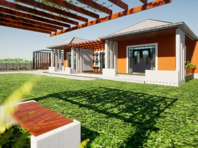 3 Bedroom Modern Bungalow With Interiors  and Landscaping Low-poly 3D model