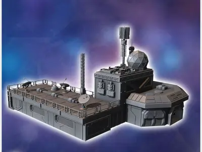 Futuristic complex with multiple interconnected structures and a 3D print model