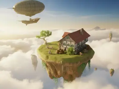 Floating Island with Steampunk Airship  3D model