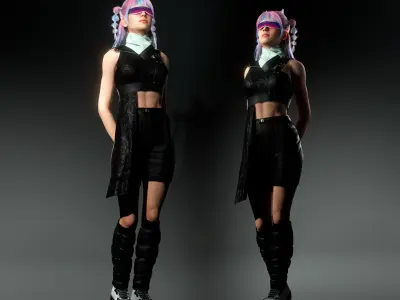 Lunara Neon Punk Female Character with Stylized Hair Low-poly 3D model