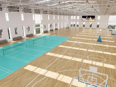 Large Indoor Basketball Gym with Badminton Courts 3D Asset 3D model