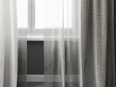 Curtains 1 wooden door 3D model