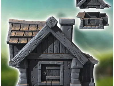 Medieval house with chimney in roof and annex with side window 1 3D print model