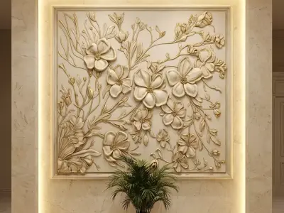 Modern floral Relief Panel Wall Decor Set STL Mural CNC 337 3D model