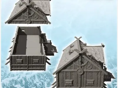 Wooden Viking building with access stairs and pediment chain 16  3D print model