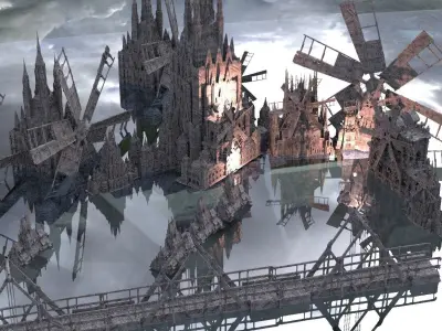 Windmill City With Bridges 3D model