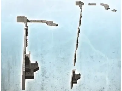Set of retaining walls of stone banks with set of boats 12 - Wor 3D print model
