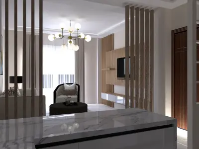  3D model  open-space living room with modern kitchen 3D model