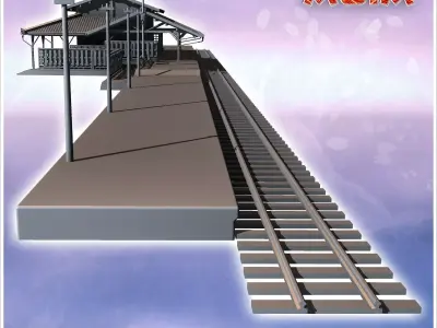 Asian passenger station with large tile building and wooden barr 3D print model