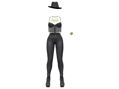 Black Cowgirl Style Fashion Outfit Hat Bracelet Top Pants Hat Low-poly 3D model