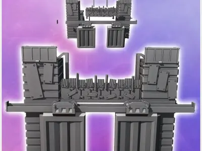 Post-apocalyptic entrance gate with observation posts and double 3D print model