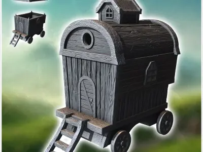 Wooden caravan with a small rooftop window stairs and wagon whee 3D print model