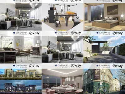 Set 5 - VRay C4D - 8 x Interior and Exterior Scenes 3D Model Pack