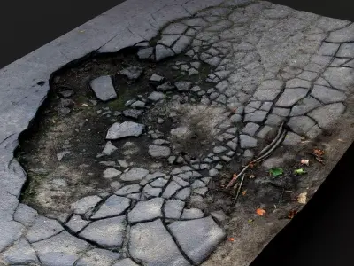 road destroyed asphalt cracked debris PBR photogrammetry 3D model