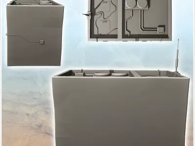 Futuristic building with window grilles and lampposts on the fac 3D print model