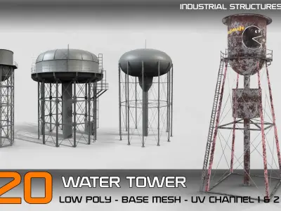 Industrial Structures- vol 2 – 20 Water Tower Structure (Game Ready-Low Poly)