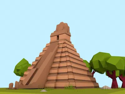 Cartoon Low Poly The Great Jaguar Tikal Temple Low-poly 3D model