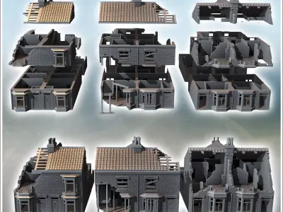 Set of three buildings with large bay windows and a backyard sur 3D print model
