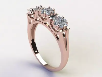 Three Stone Floral Cluster Diamond Ring with Baguette Accents 3D print model