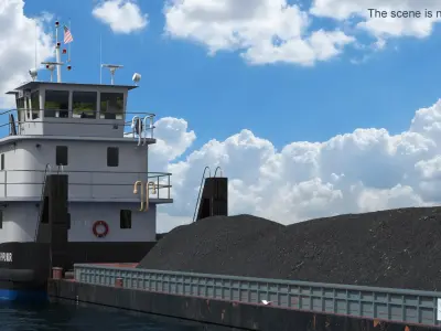  Tugboat and Hopper Barge with Coal on Water 