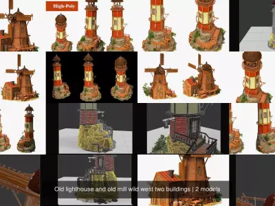 Old lighthouse and old mill wild west two buildings 3D Model Pack